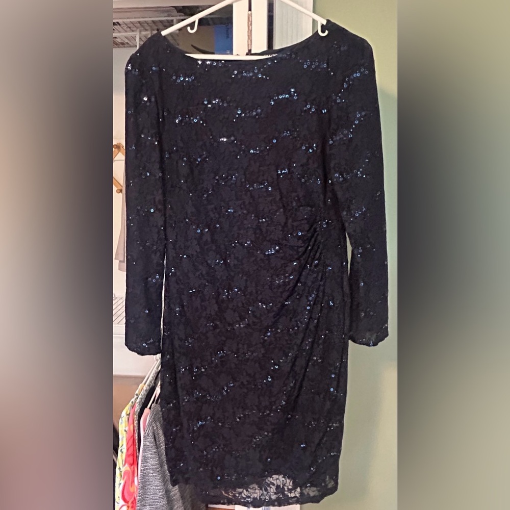 Chaps Navy Gathered Lace & Sequin Sheath Dress